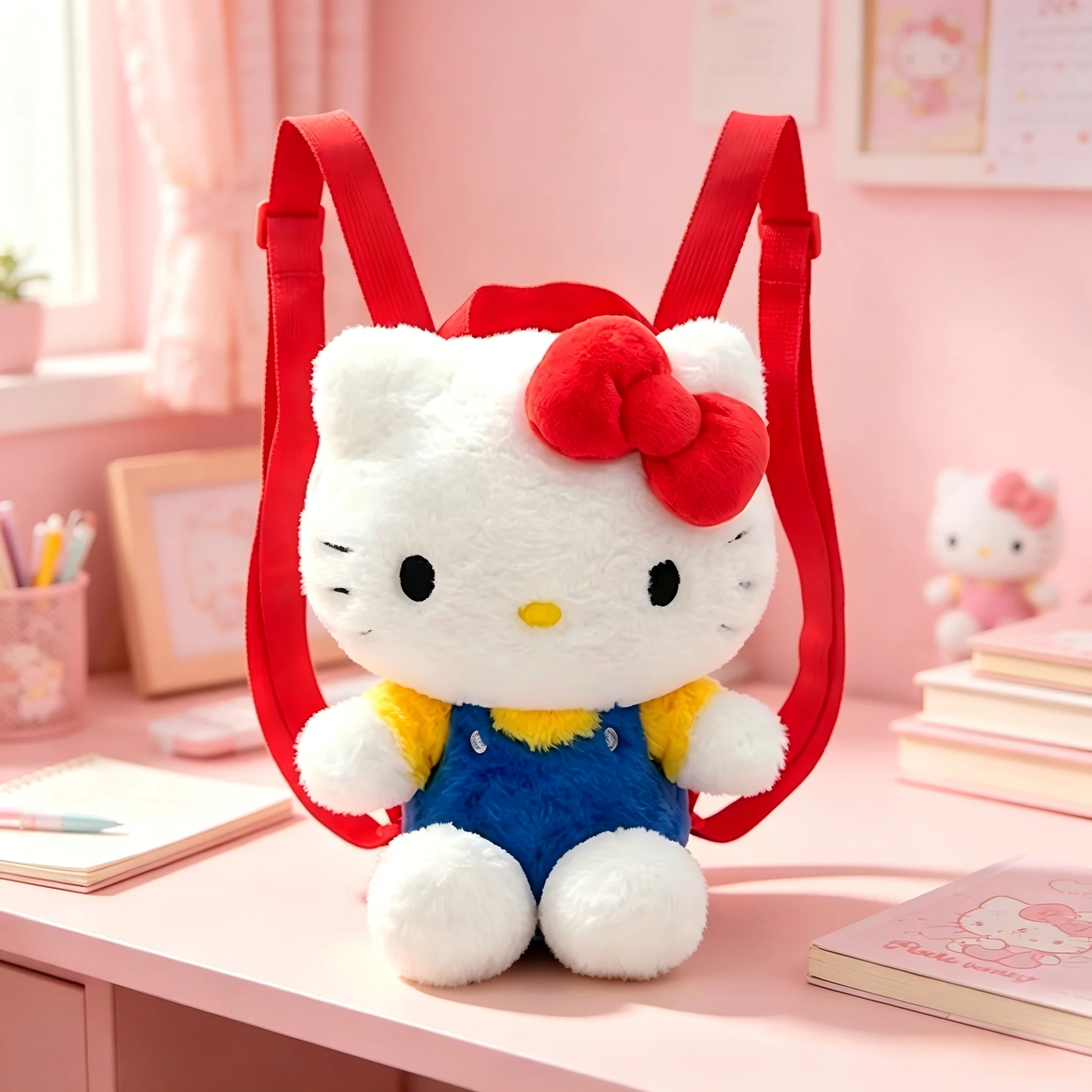 Original Anime Sanrio Hello Kitty Plüsch-Rucksack Kawaii Stofftier Cartoon Schultasche für Mädchen Kinder Geburtstagsgeschenk