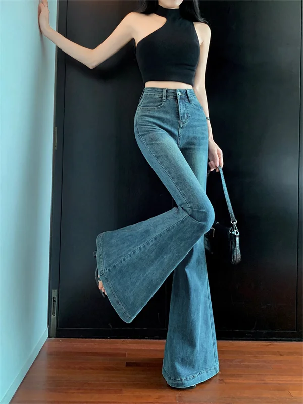 

Blue Slim Fit Micro Flared Jeans Women's High Waist Straight Leg Pants Sexy Tight Long Boots Spring Commute Style Casual Wear