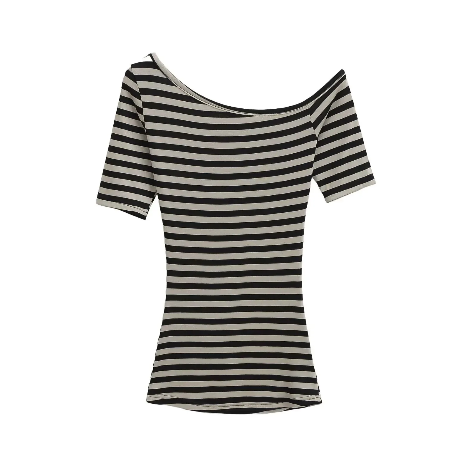 Asymmetrical off-shoulder striped short-sleeve top with a slim-fit waist-cinching design that accentuates the figure and exude