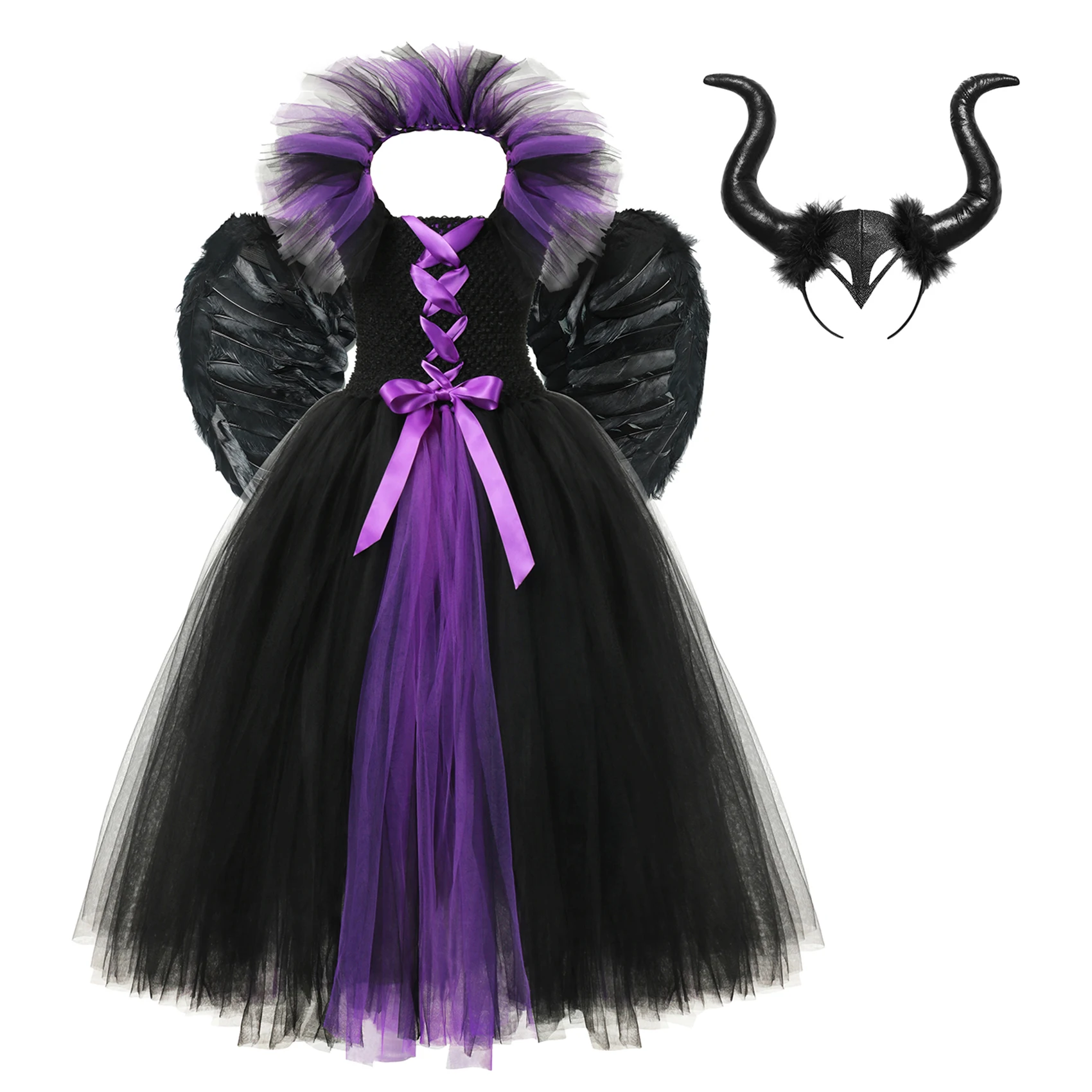 Disney Halloween Maleficent Witch Costume Kids Cosplay Demon Queen Dresses Deluxe Tail Girls Fancy Black Glam Gown Tutu Clothes