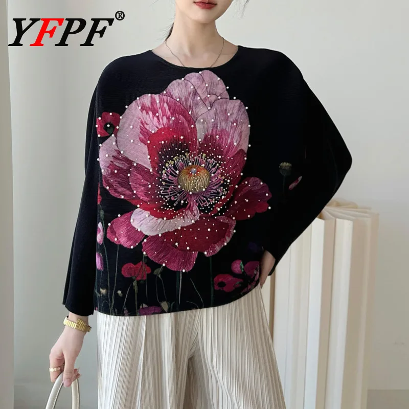 

YFPF Miyake Pleated Fashion T-shirt Women Pearls Spliced Print Flower Design Batwing Sleeve Loose Blouse Casual New Clothing