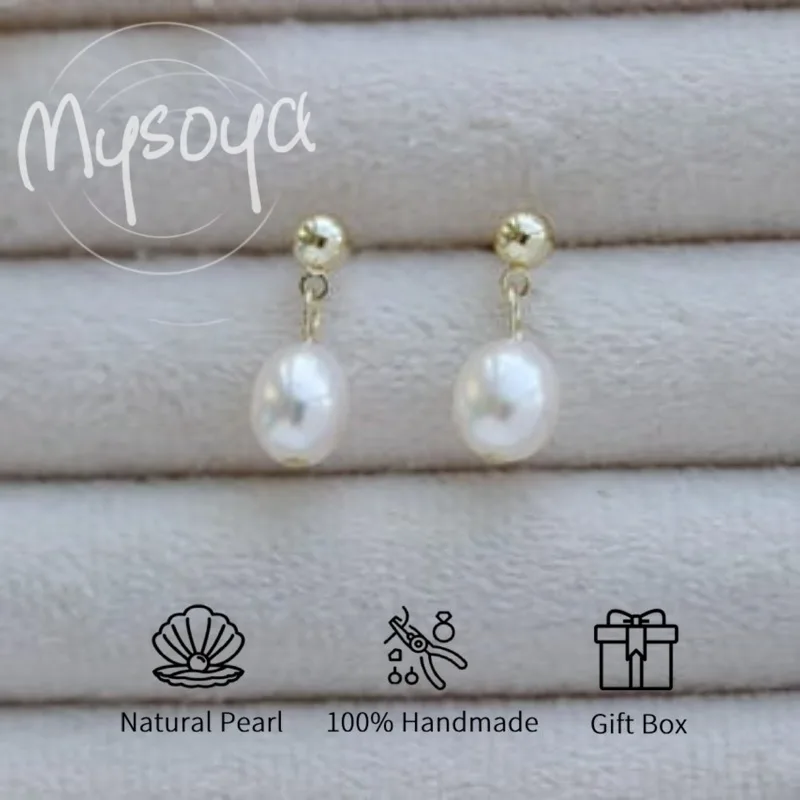

MYSOYA White Rice-Shaped Freshwater Pearl Earrings 7-8mm With Gift Box For Her/Him Birthday/Wedding/Christmas/New Year Gift