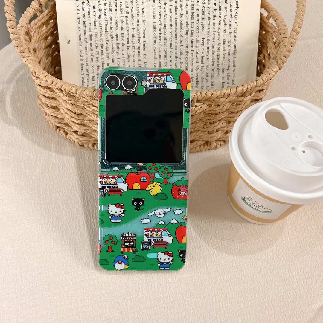 

Ins Korean Cute Green orchard Phone Case For Samsung Galaxy Z Flip 7 6 5G Flip5 Flip4 Japan Kawaii Girl Cover