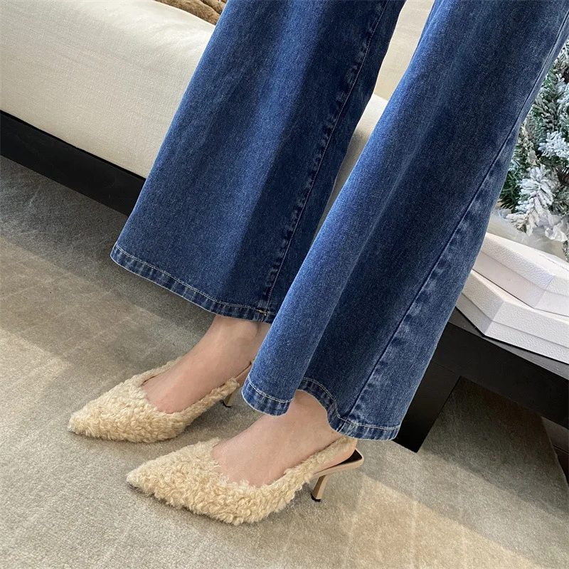 Plush Slippers For Women Spring And Autumn Pointy Lamb Wool Slippers With Toe Sandals Back Strap With Fine Heels For Women