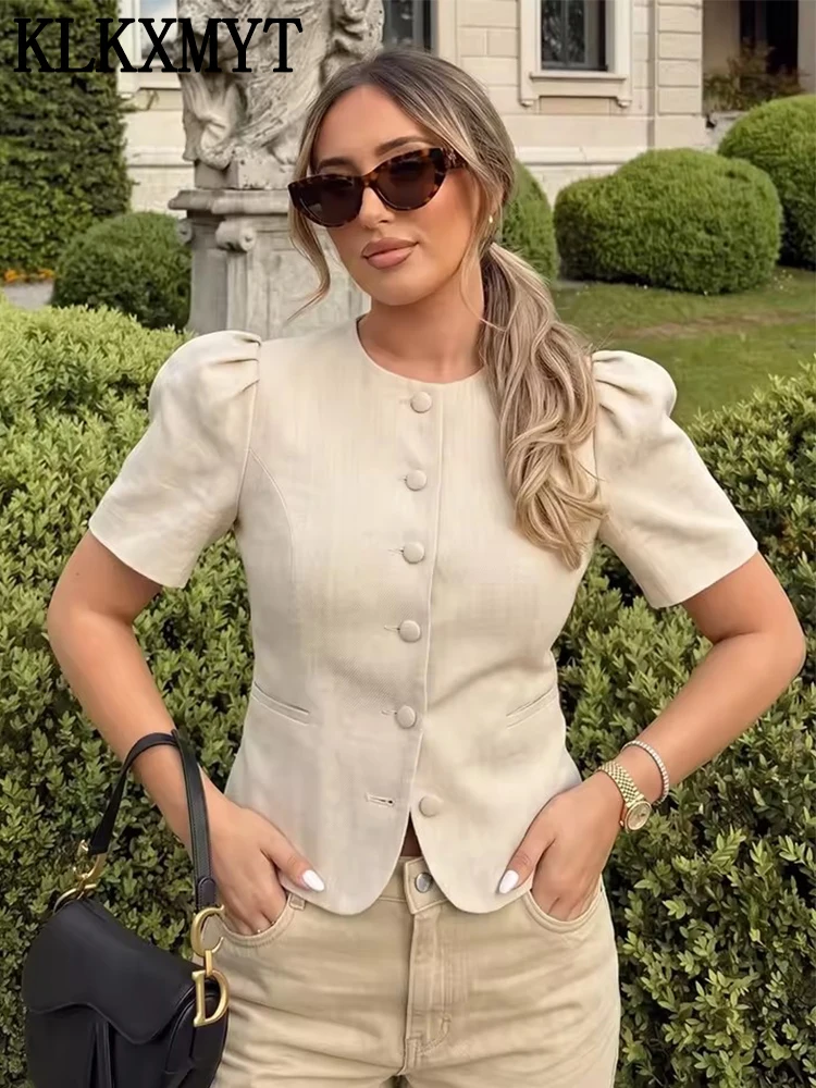 KLKXMYT Women's Blazer Spring Summer Single-Breasted Slim Fit Suit Jacket Short Puff Sleeve Simple Commute Blazers Coat