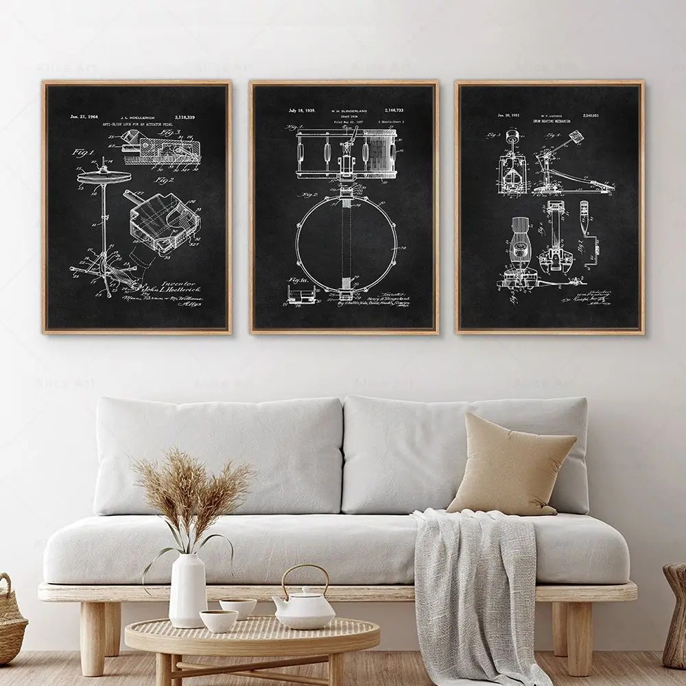 خمر الغيتار طبل مخطط الملصقات آلة موسيقية براءات الاختراع رسم حائط لوح رسم الفن هدية لديكور استوديو الموسيقى #4