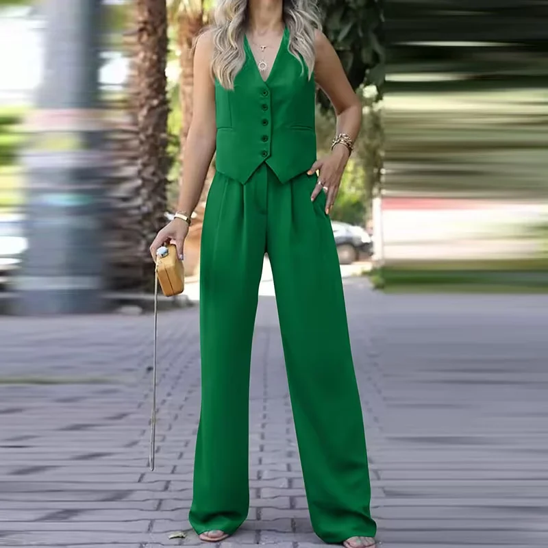 Spring Summer New V Neck Sleeveless Vest Wide Leg Pants Casual Sets Female Solid Color British Style Commute Suit Trousers Sets