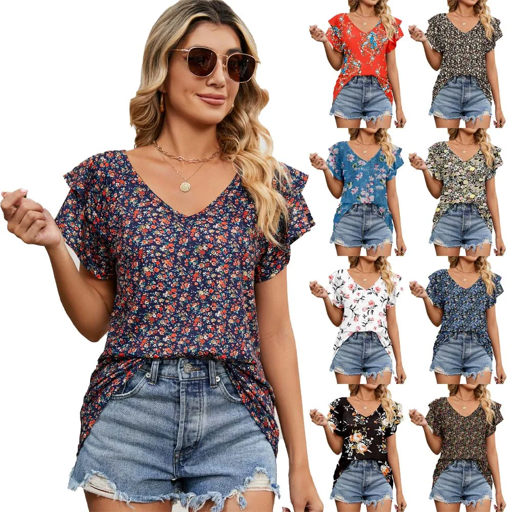 

2023 Summer New Print V-neck Double Ruffle Short Sleeve Loose Top T-shirt for Women