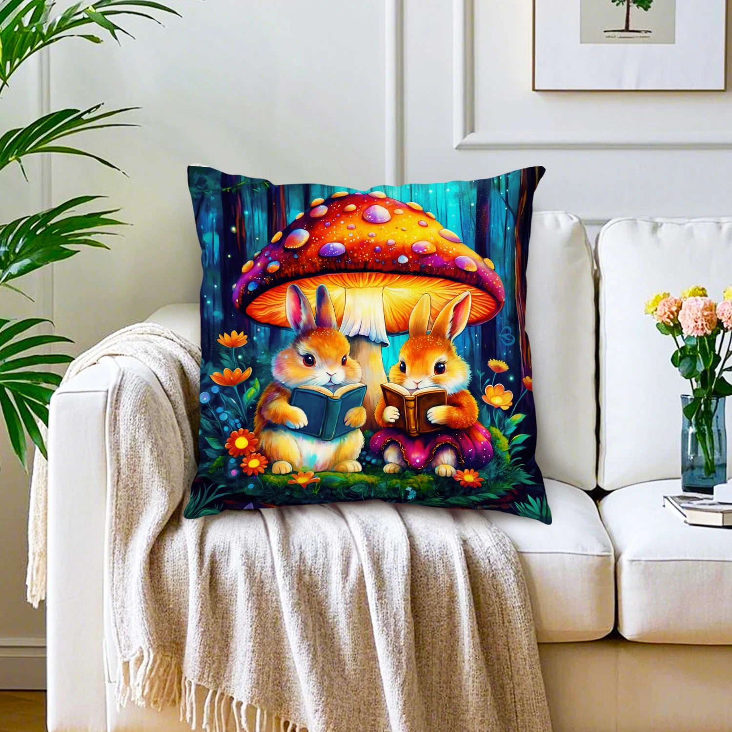 Mushroom Bunny Linen Cushion Cover Forest Rabbit Reading Book Throw Pillow Case Whimsical Animal Nature Decor Sofa Couch Bedroom