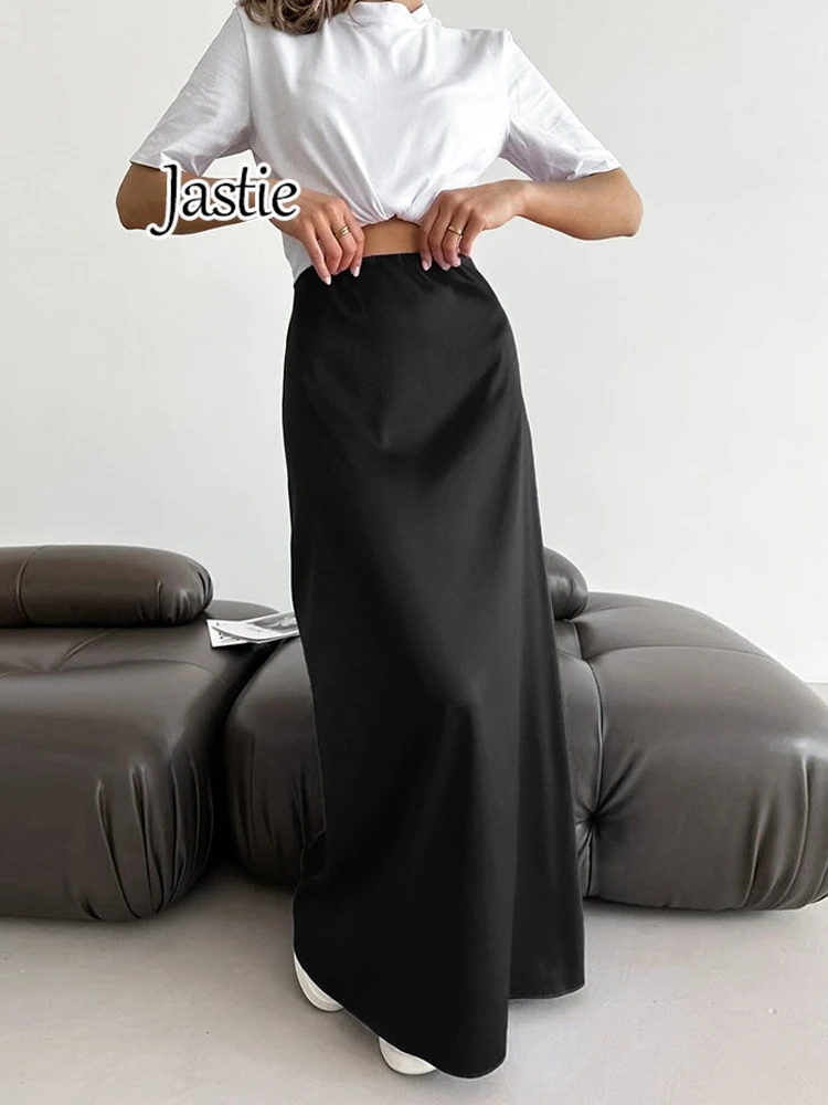 

Jastie Black Satin Long Skirts Women Summer 2024 High Waist Casual Floor-Length Skirts Office Ladies Flowing Casual A-Line Jupe