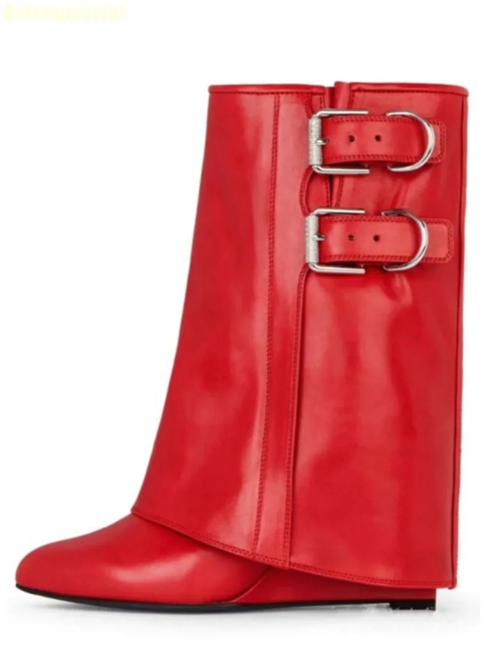 

2025 New Wedges Shark Boots Metal Belt Buckle Black/white/red Leather Mid-Calf/knee-High Boots Latest Catwalk Fashion Boots