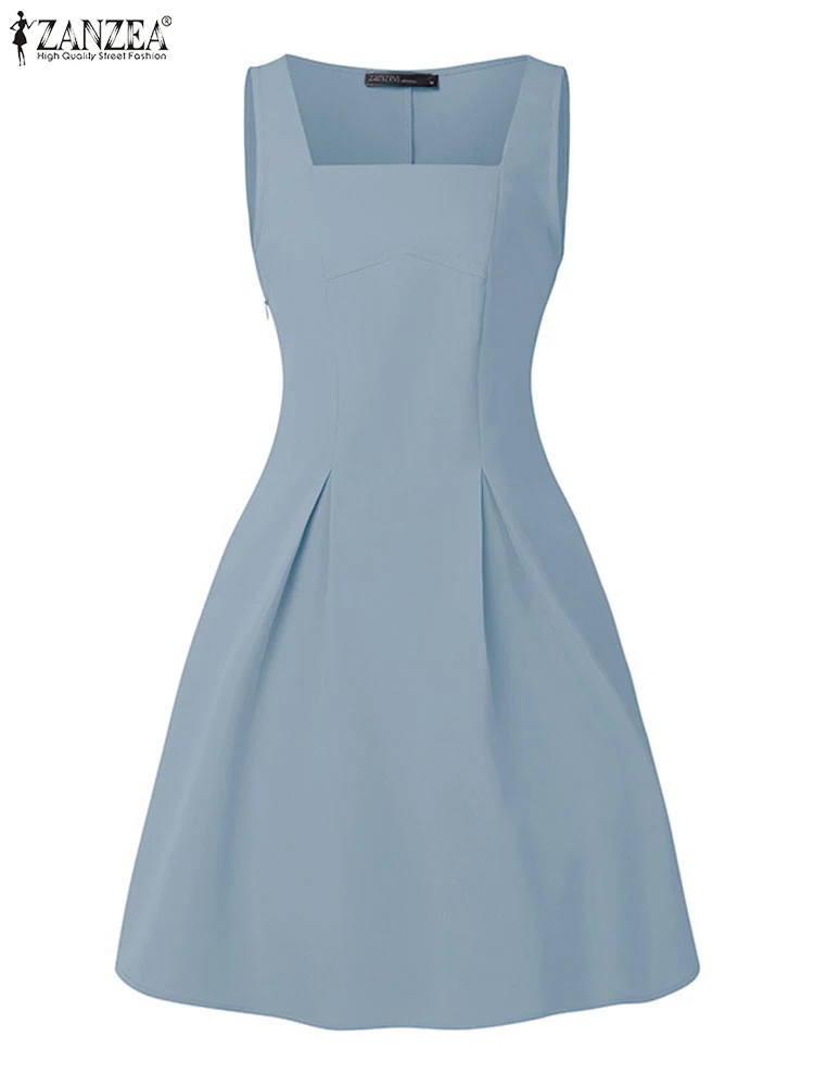 

ZANZEA Woman Chic Tank Dress 2025 Fashion High Waisted Square Neck Seamed Detail Party Sundress Sleeveless Elegant Mini Dresses