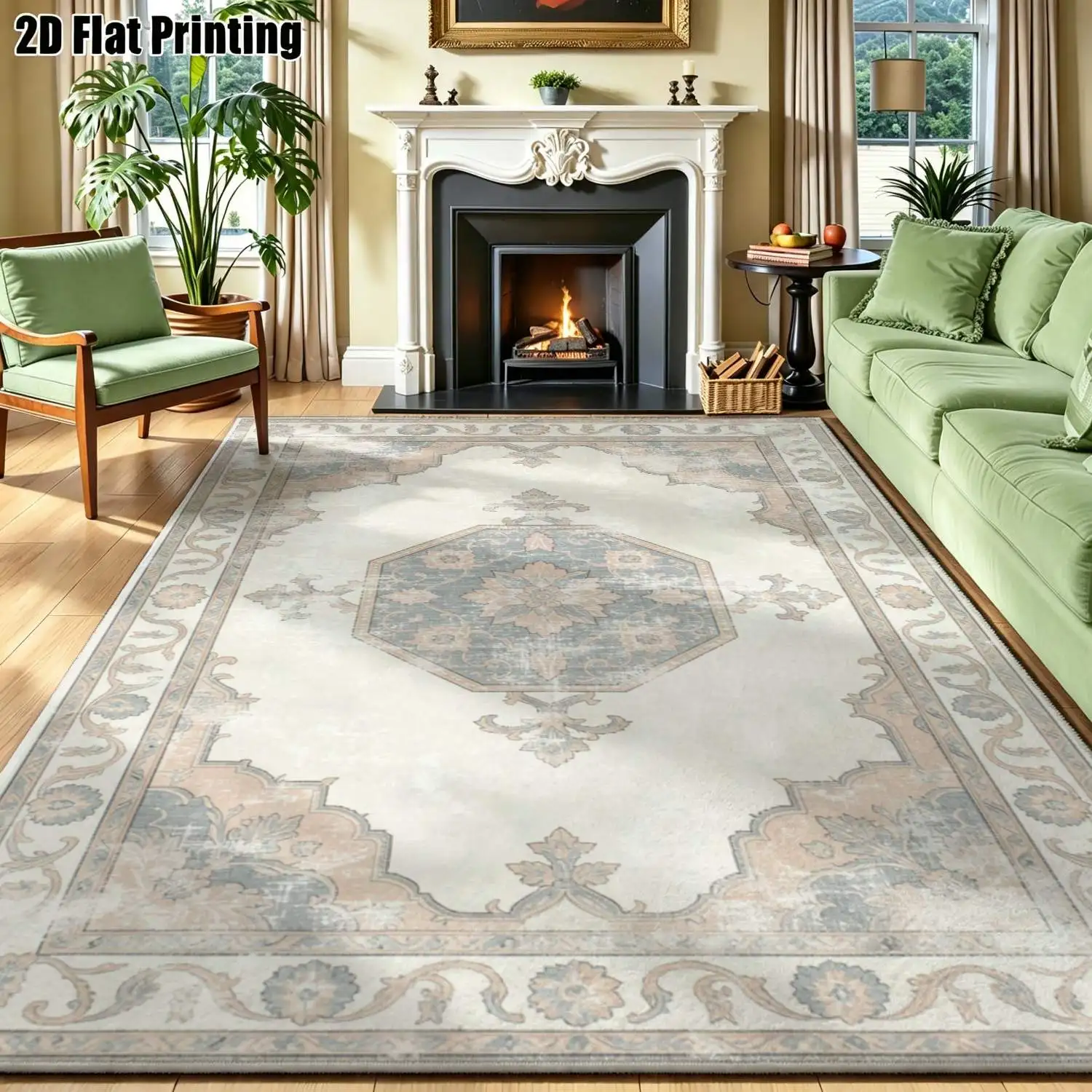1Pc 2D Printed Carpet: Blue-Grey Retro Floral Pattern, European/Bohemian Style, Machine Washable, Multi-Size for Home Decor, Suitable for Living Room, Bedroom, Dining Room, Entrance, Study
