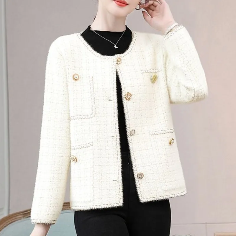 2023 Spring and Autumn Women's Cardigan Round Neck Long Sleeve Solid Button Striped Pocket Lace Plaid Elegant Fashion Coats