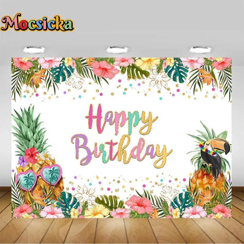 حفلة عيد ميلاد الديكور خلفية الصيف ألوها الأناناس فلامنغو متوهجة النقاط النخيل ورقة ديكور الدعائم صورة خلفية الصورة