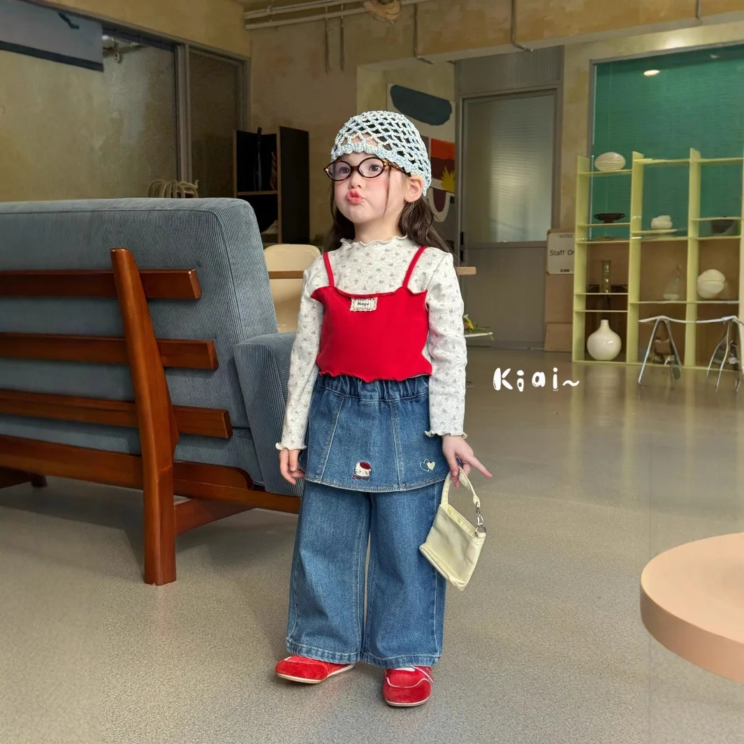 

Girls T-shirts Children Spring and Autumn Clothing 2025 New Stylish and Casual Floral Fake Two-pieces T-shirts Baby Fashion Top