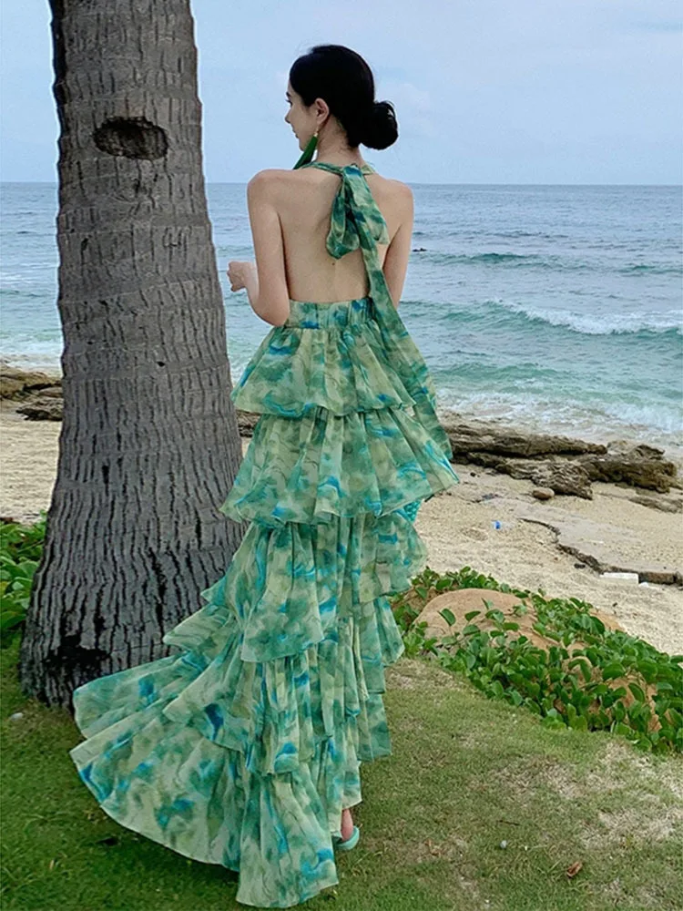 Women Summer Fashion Floral Green Printing Halter Bow Tie Neckline Backless Layered Long Casual Dresses Holiday