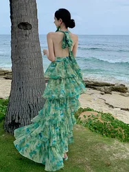 Women Summer Fashion Floral Green Printing Halter Bow Tie Neckline Backless Layered Long Casual Dresses Holiday