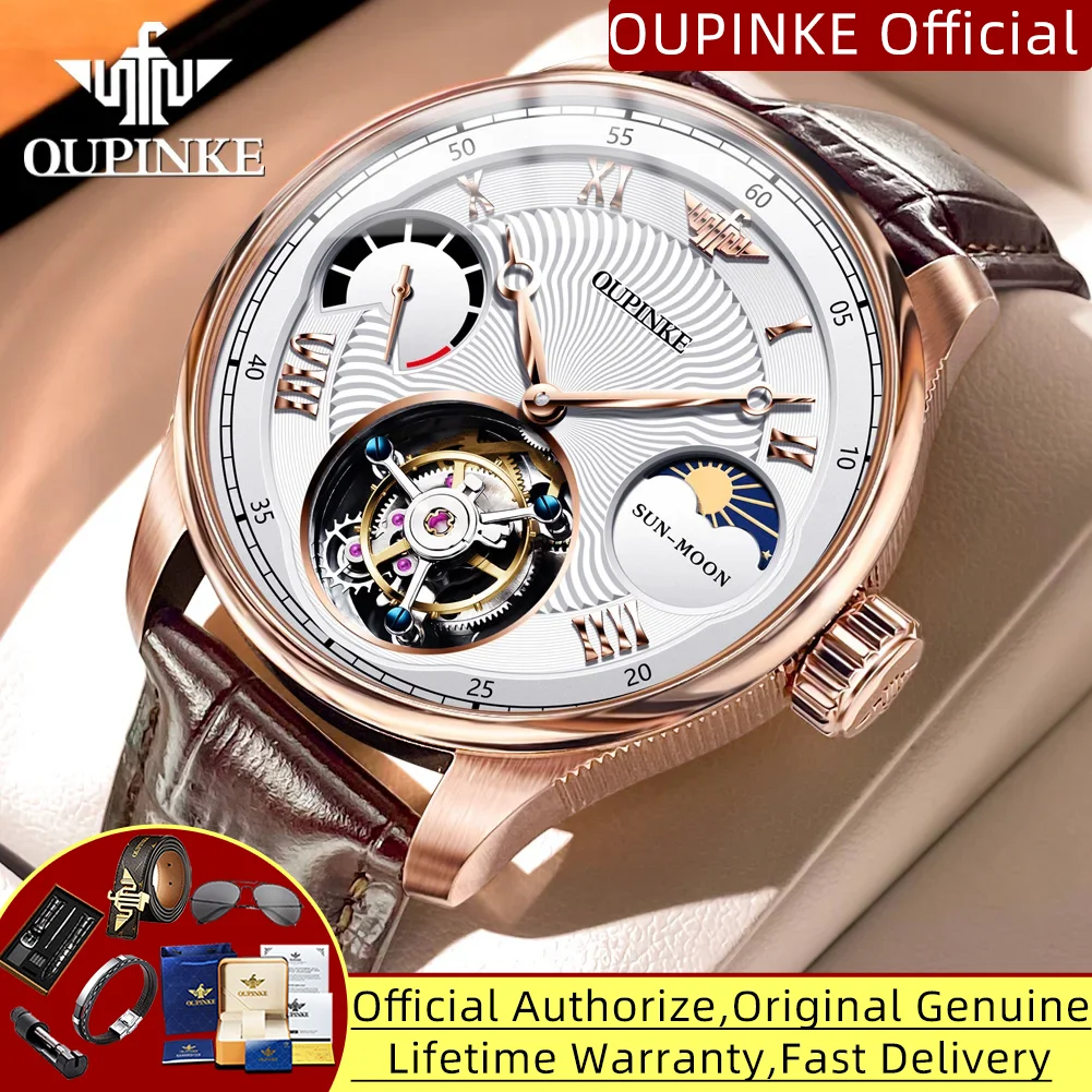Top Swiss Brand OUPINKE Tourbillon Watch for Men Chronograph Moon Phase Waterproof Man Watch Limited Edition Mechanical Watches