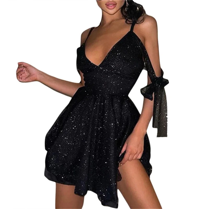 

Fashion Women Party Dress Sexy Solid Color V Neck Cold Shoulder Spaghetti Strap Sleeveless A Line Mini Dress Cocktail Dresses