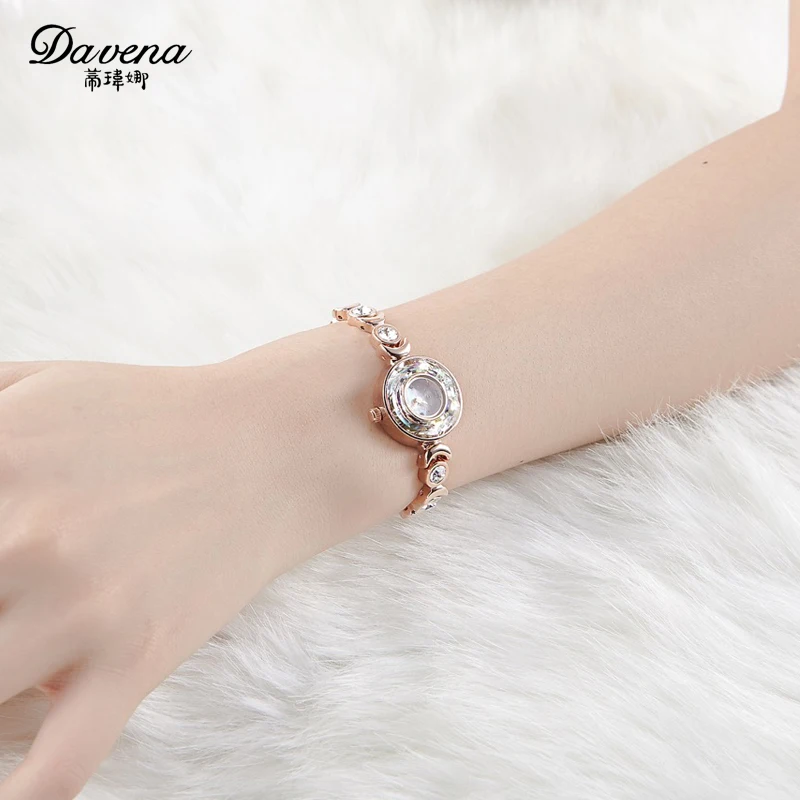 Luxury Davena Lady Woman Small Watch Elegant Mother-of-pearl Fashion Hours Blue Crystal Bracelet Party Girl\'s Birthday Gift Box