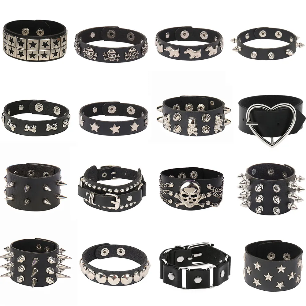 DIEZI Punk PU Leather Goth Wrap Bracelet Women Men Vintage Harajuku Star Skull Rivet Chain Bracelet Bangles Halloween Jewelry