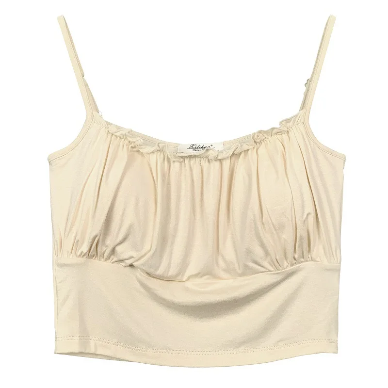 Korea Spring/Summer 2023 New Slim Temperament Pleated Belt Chest Pads Wooden Ear Versatile Camisole Woman Tanks Camis