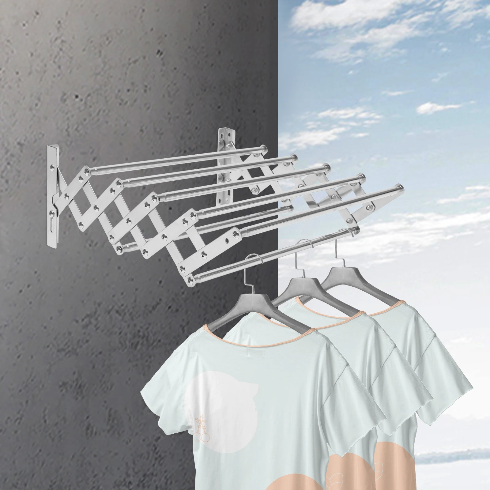

Silver Stainless Steel Folding Clothes Rack Wall-mounted Clothes Hanger Rack 42-80cm Can Be Extended Back, Forth, Left, Right