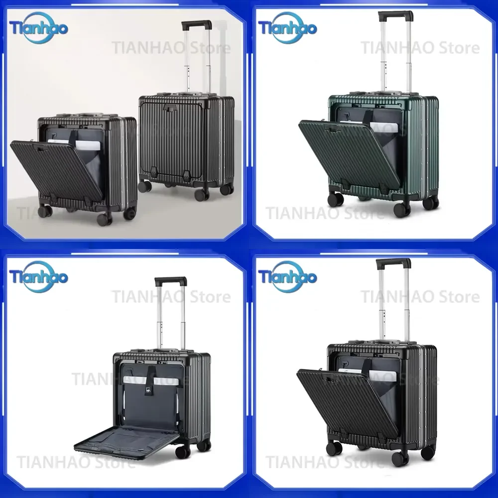 18-Inch Carry-On Luggage with Aluminum Frame Hard Shell and Front Pocket for Suitcase with Wheels