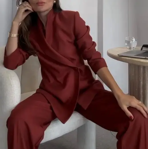 

Женский комплект, новый элегантный женский однотонный пиджак на пуговицах с длинными рукавами и прямые брюки, комплекты для поездок на работу, женская мода, наряды из двух предметов