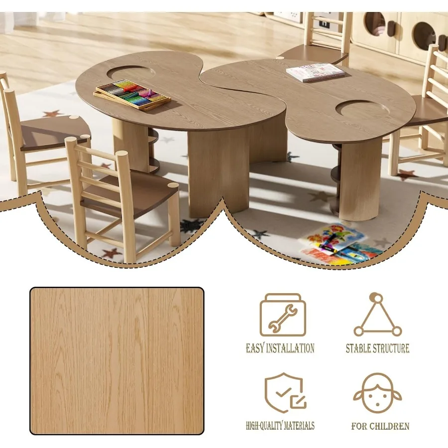 طاولة نصف قمر للأعمار من 3 إلى 8 سنوات، مكتب أنشطة خشبي مع مساحة تخزين للفصول الدراسية لمرحلة ما قبل المدرسة، طاولة لعب على شكل كلى للأطفال الصغار 29 وات