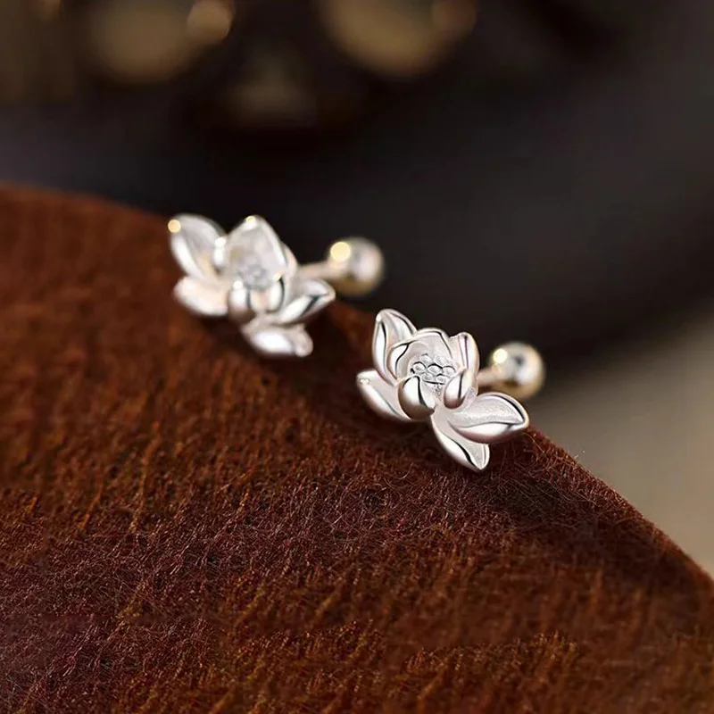 Pendientes Plata de Ley 925 auténtica con forma de flor de loto para mujer, joyería fina clásica para fiesta, accesorios de lujo ligeros minimalistas