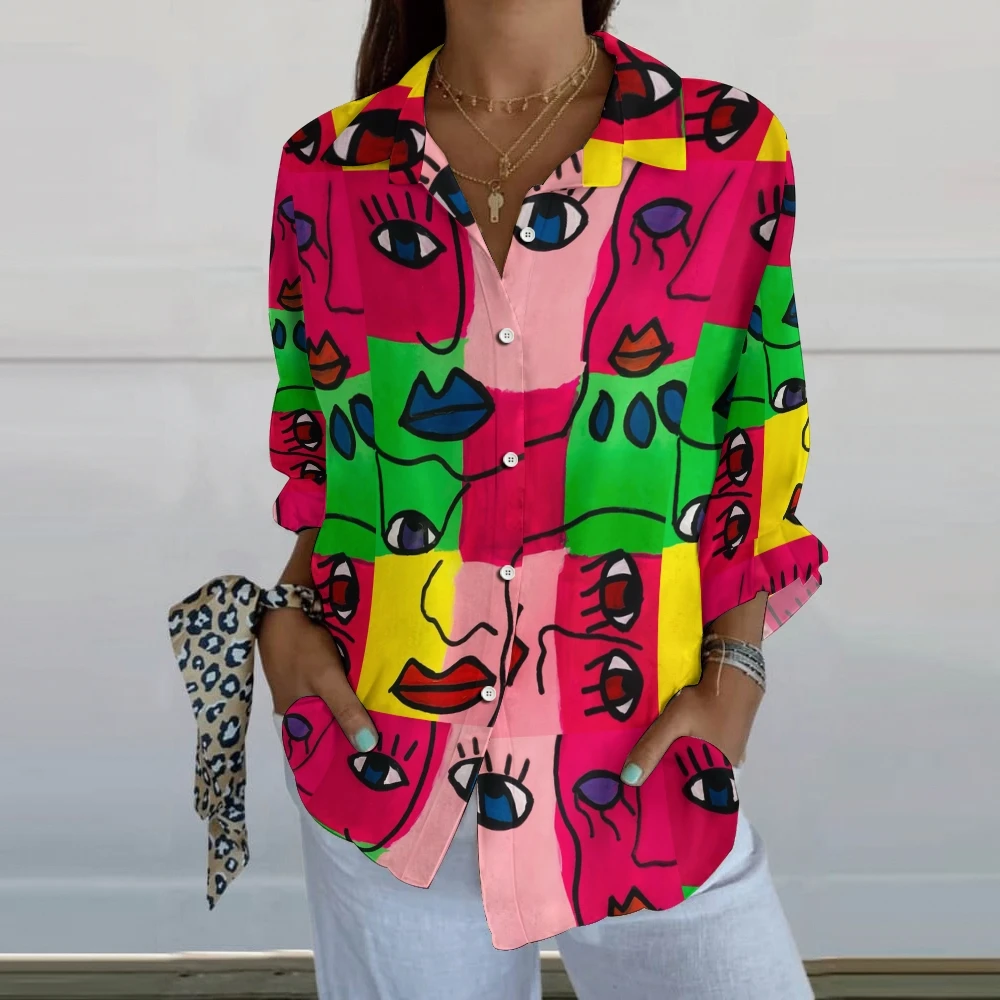 

Women's Shirt Color Contrasting Color Abstract Hand-Painted Facial Print Trend Long Sleeve Elegant Polo Collar New Blouse