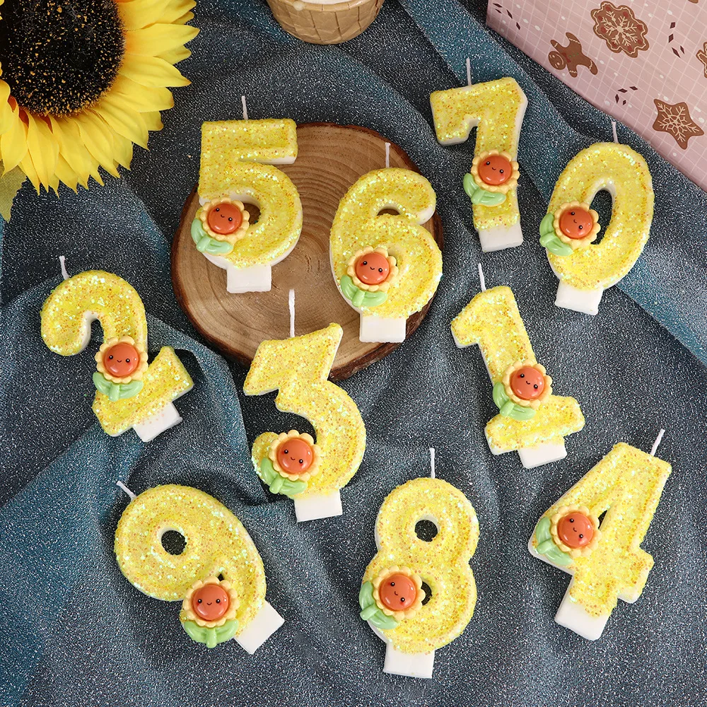 شموع عيد الميلاد الصفراء غير الصالحة للأكل، زينة الكيك، الشموع الرقمية، حلويات الحفلات، الخبز، زينة عباد الشمس #3