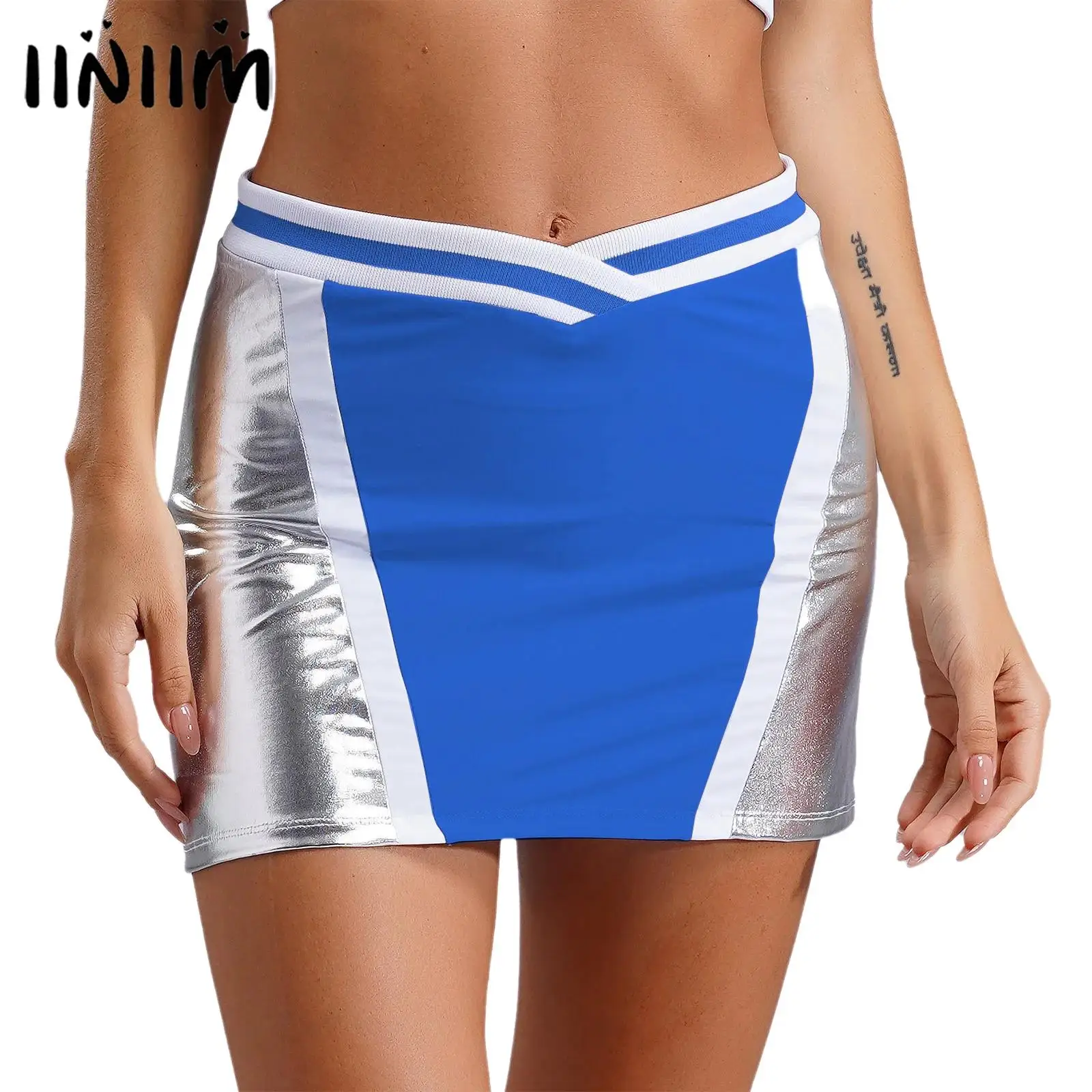 Womens Energetic Cheerleading Skirt Costume V-shaped Elastic Waistband Stylish Contrast A-line Skirt for Ball Game Car Racing