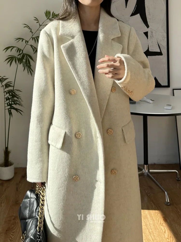 

High-end Thick Double-sided Wool Coat Female Fashion Long Autumn Winter Lapel Double Breasted Wool Coat Women Loose Outerwear