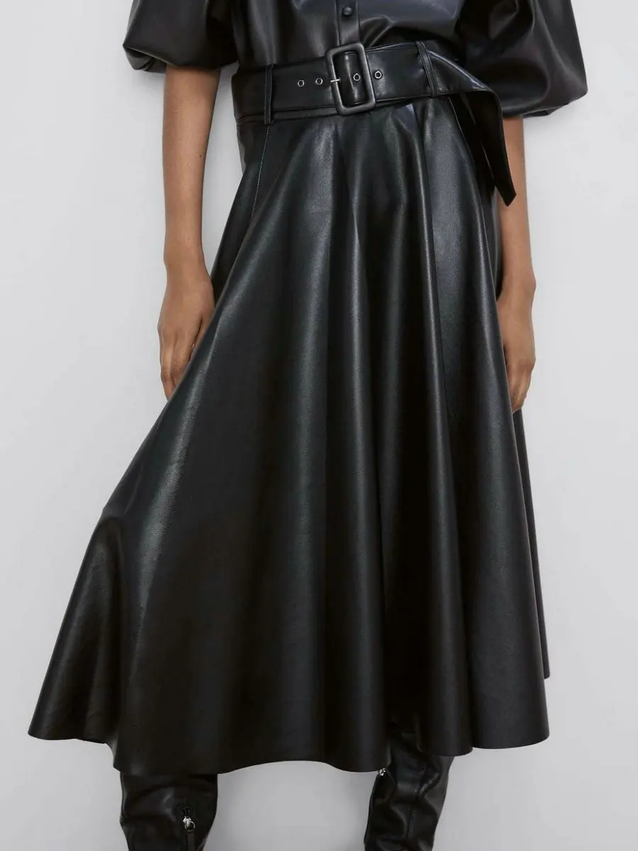 

Women's Autumn Winter Vintage Black PU Pleated Faux Leather Skirts Female Elegant High Waist A-line Maxi Long Skirt With Belt
