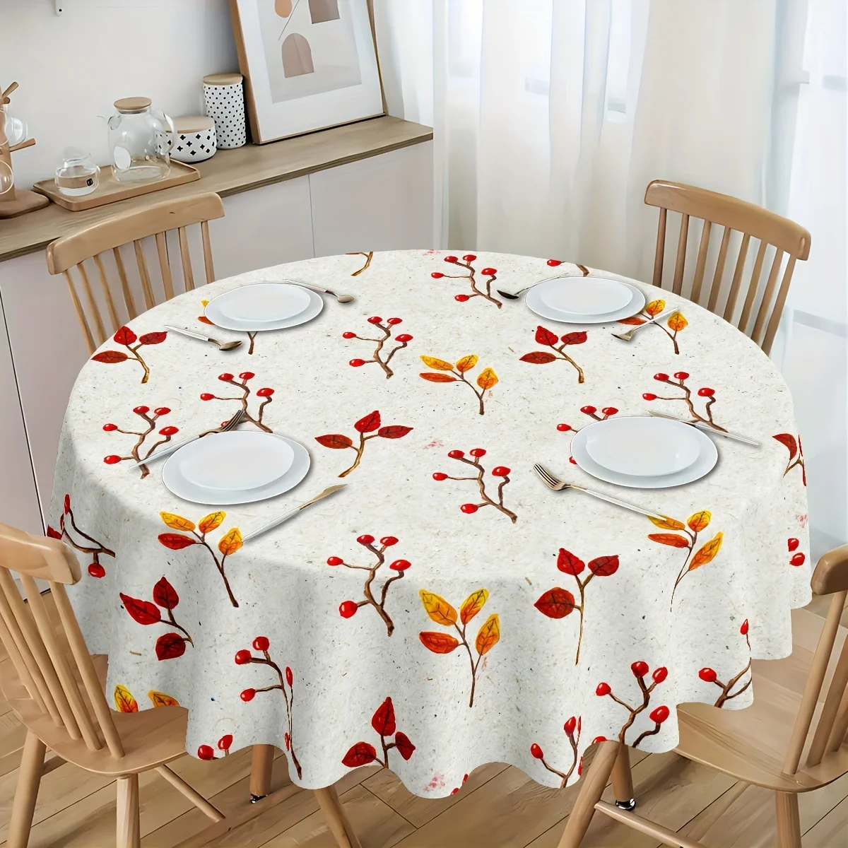 One Thanksgiving tablecloth - Circular autumn decoration featuring maple leaves and harvested pumpkins - Durablezyc