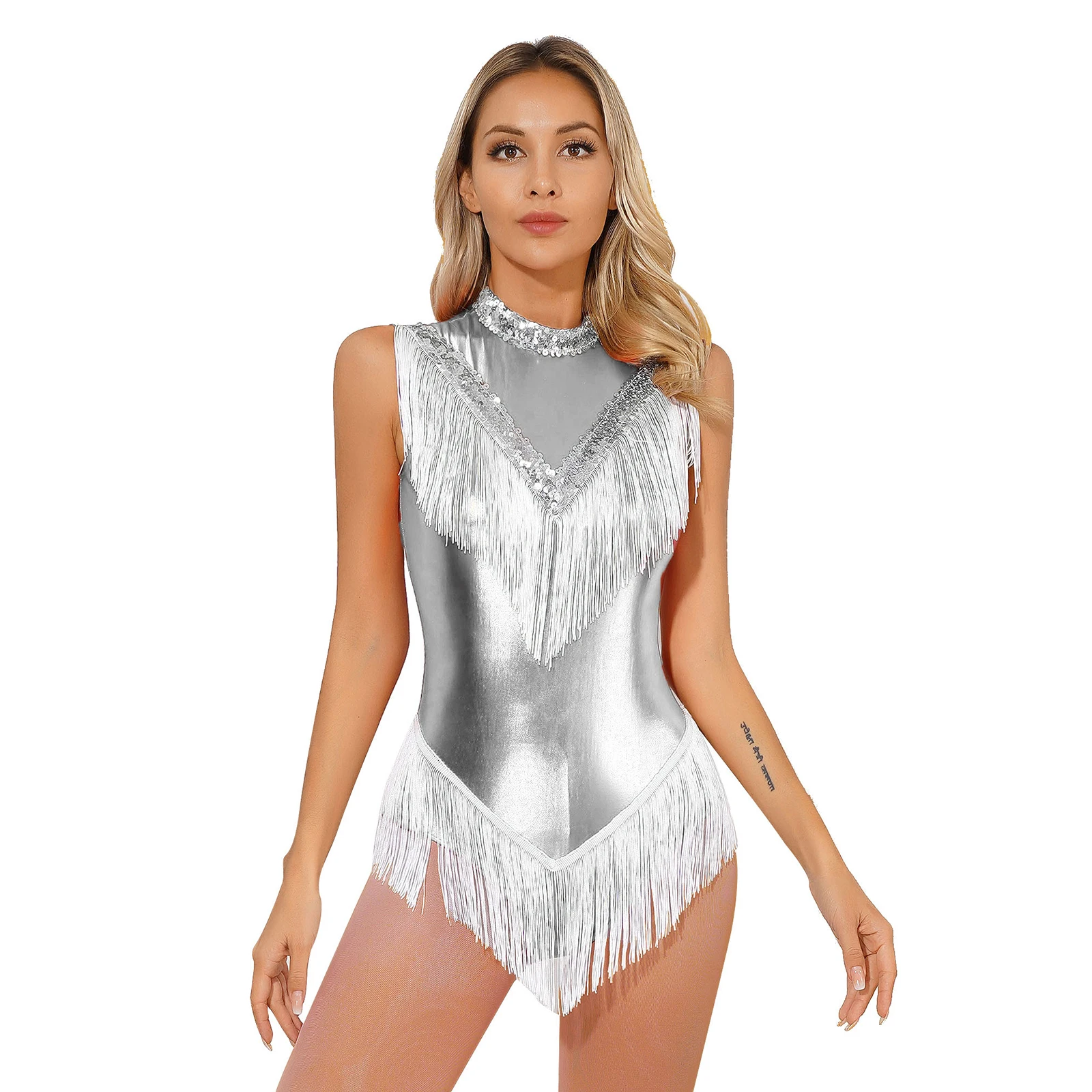 Womens Rhythmic Gymnastics Bodysuit with Tassels Sparkly Sequins Fringed Latin Dance Leotard Ballerina Jazz Dancing Costume