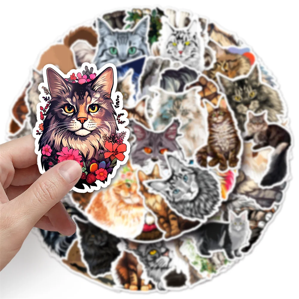 50pcs Cartoon Cute Maine Coon Cat Stickers For Scrapbooking Supplies Glass Phone Guitar Laptop Suitcase DIY Sticker