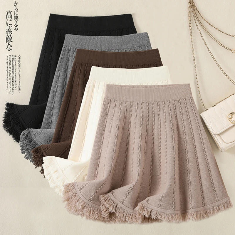 

Autumn Winter Sexy Short Mini Skirt Tassel Knitted Pleated Skirt Women Elastic High Waist Work Party Skirts