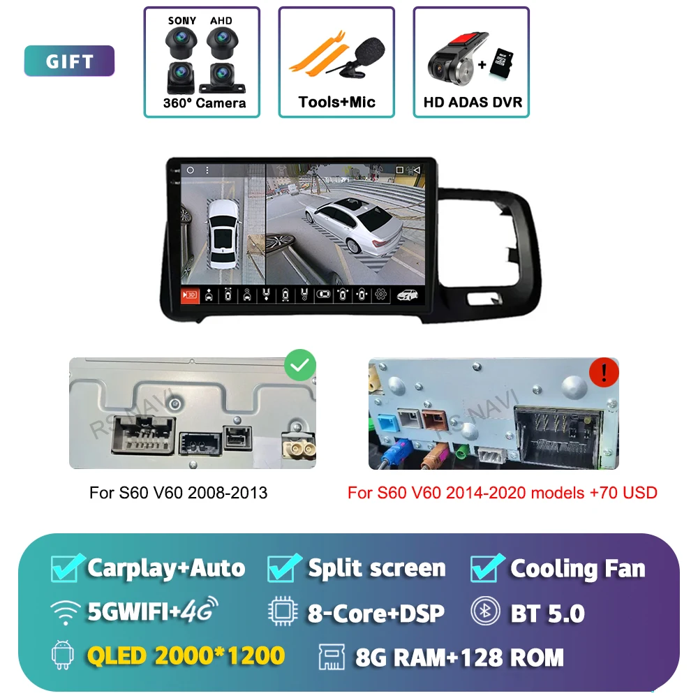 Android 15 Carplay Auto Scherm Autoradio Multimedia Speler voor Volvo S60 V60 2011-2013 2014-2020 2din Autoradio Stereo Head Unit