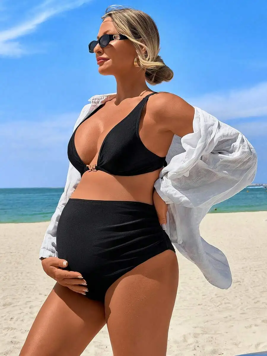 

Maternity Solid Black Two-Piece Bikini Set For Beach Vacation
