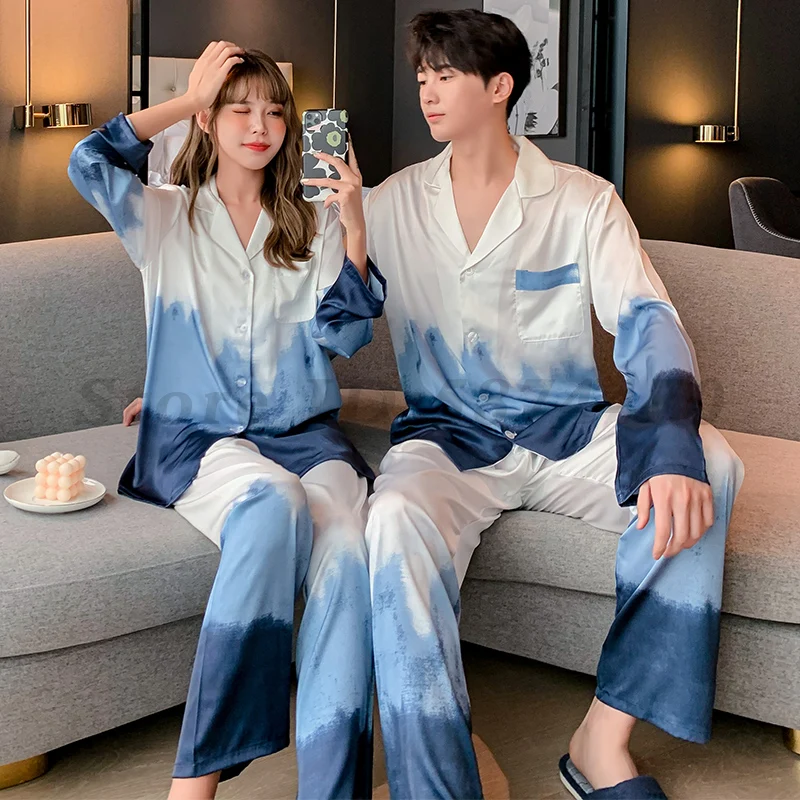 Spring Summer Satin Sleepwear Trouser Suit Sexy Couple 2PCS Pajamas Set Female Loungewear Nightqwear Men's Loose Home Clothes