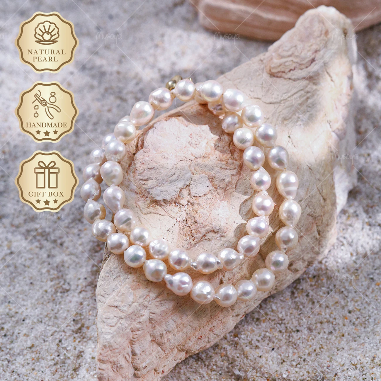 MYSOYA Baroque Akoya Pearl Necklace 7-7.5mm Silver Clasp, Gift Box, Elegant Jewelry S295