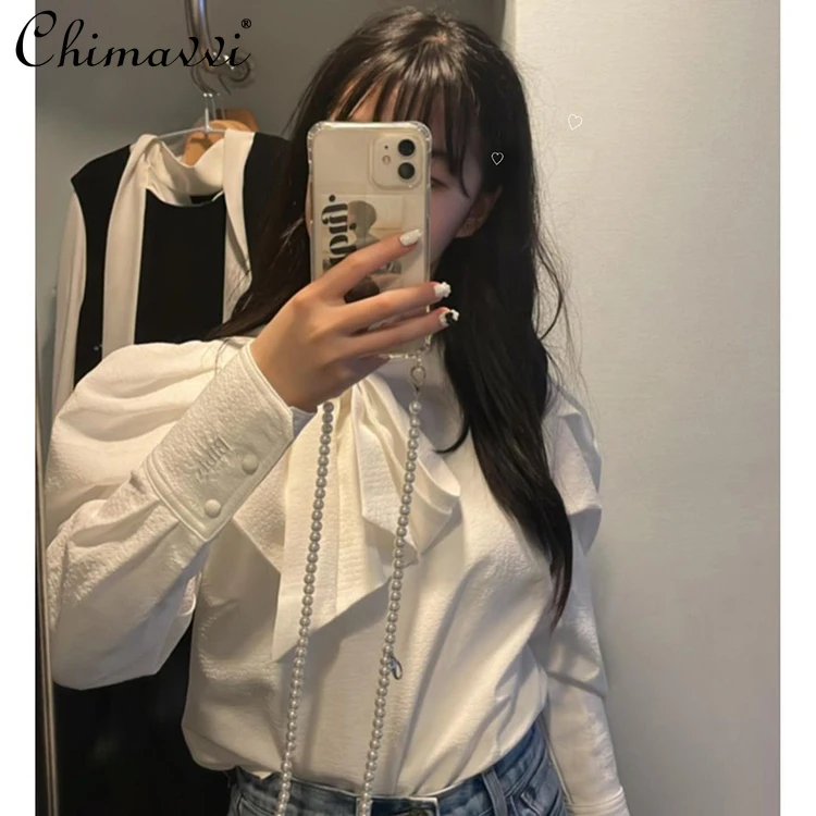 Japanese Sweet Lace-up Big Bow Bubble Sleeve Long-sleeved Women's Shirt Spring Autumn New Fashion Fairy Loose Elegant Blouse Top