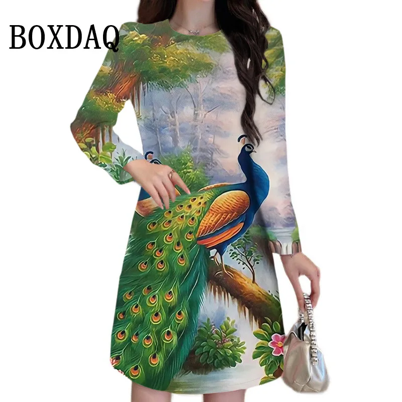 New Peacock Women Casual Print Mini Dress Retro Long Sleeve Dress Autumn Pullover Vintage Floral Dresses 2023 Oversized Clothing