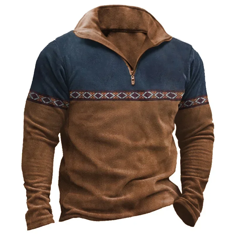 

Pop Vintage Casual Men Splice Long Sleeve Half Zipper Polo Shirt European And American Men Daily Simple Outdoors Casual Polo Shi