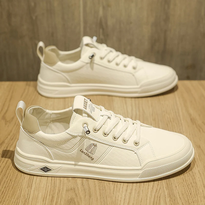

Men's Casual Leather Shoes Spring Season Versatile Lightweight Sporty Slip-On Waterproof Anti-Slip Soft Bottom White Sneakers