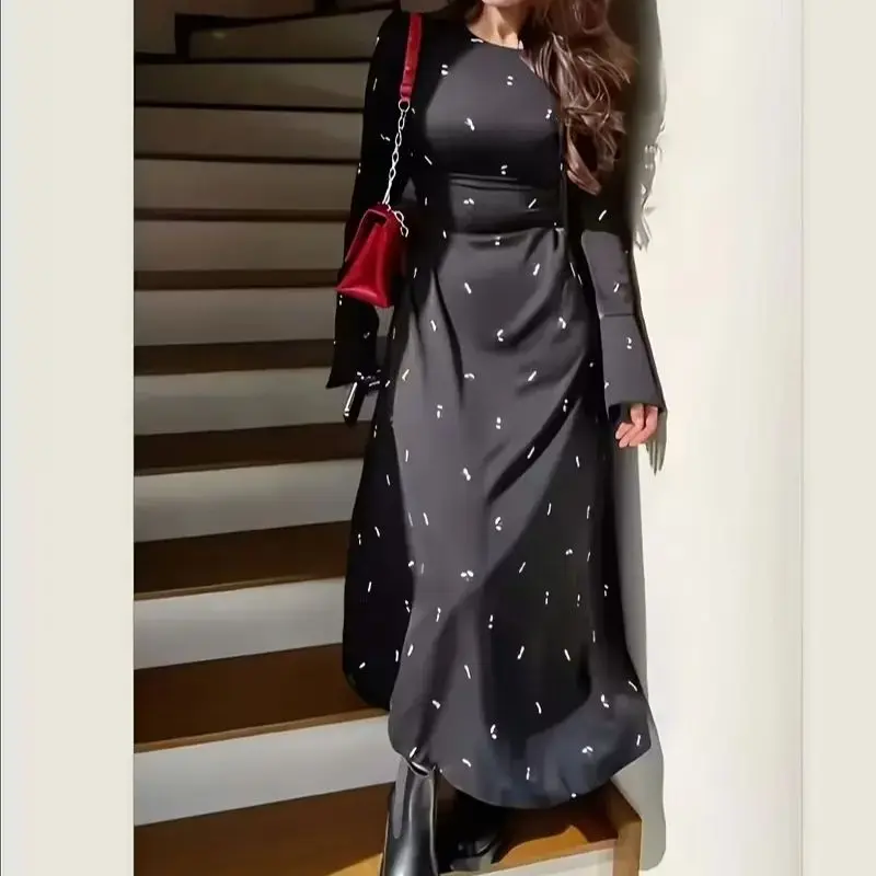 Sukienka damska, nowa jesienna kolekcja, modna, z nadrukiem, długi rękaw, wysoki stan, wiązana, stylowe sukienki damskie